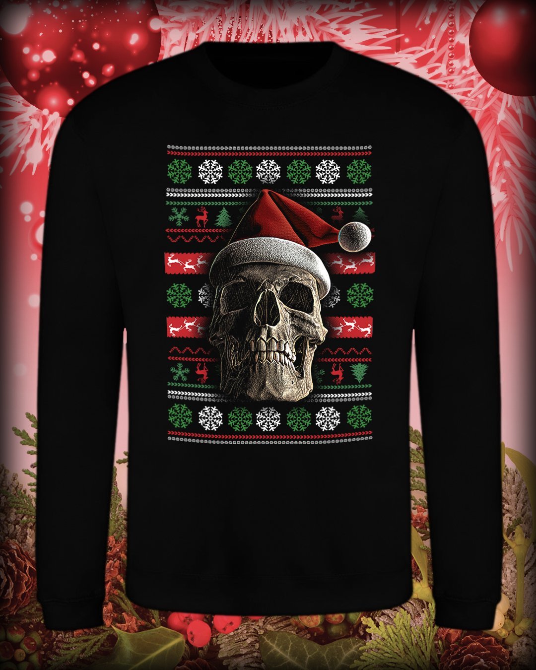 Santa Skull with Christmas Jumper Decals on Black Sweater - Cleekers